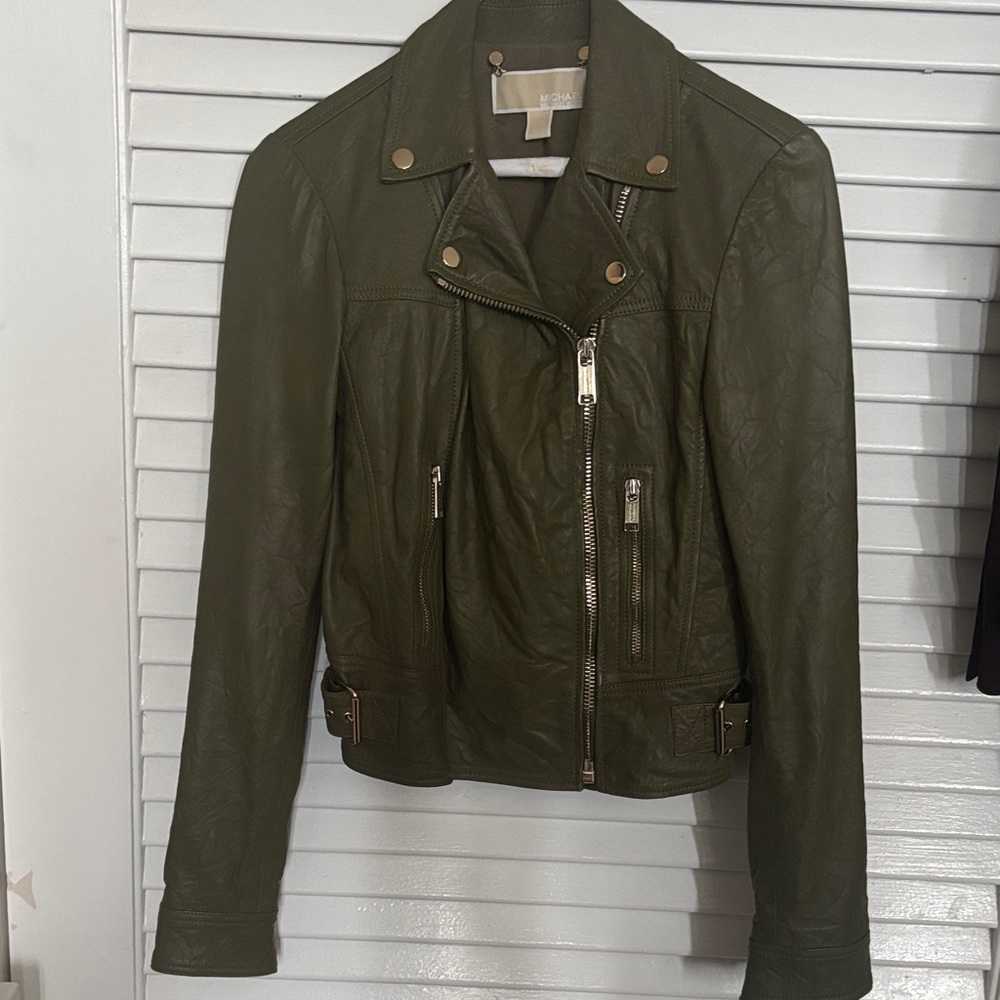 Michael Kors Dark Olive Genuine Leather Jacket